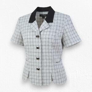 Vintage 90s White Black Graph Check Short Sleeve Button Down Blazer Size 8P